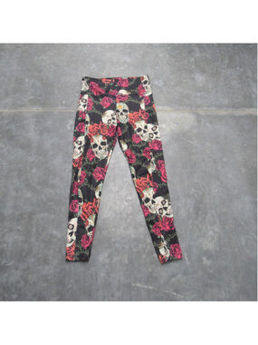 CM Fashion Skull and Rose Floral Leggings Black S/M